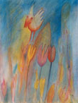 Zwischenlandung im Blumengarten - 45 x 60 -Aquarell, Buntstift, Kreide 2003 (verkauft)